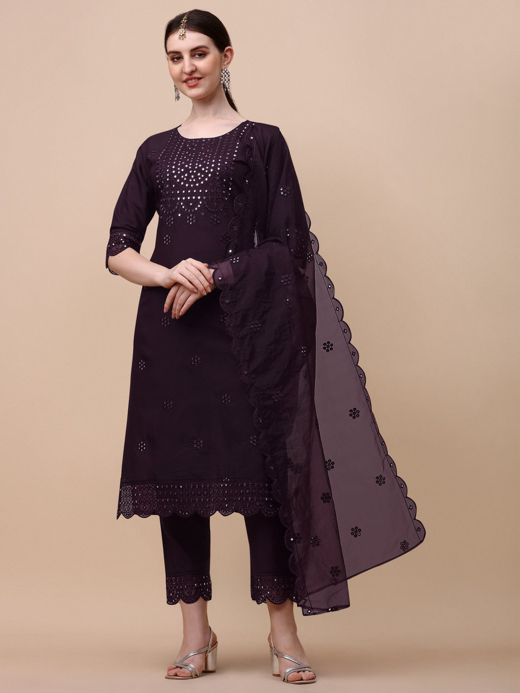Mirror Embroidered Kurta Pant & Dupatta Set, Multicolor - Hiral Fashion - Distacart