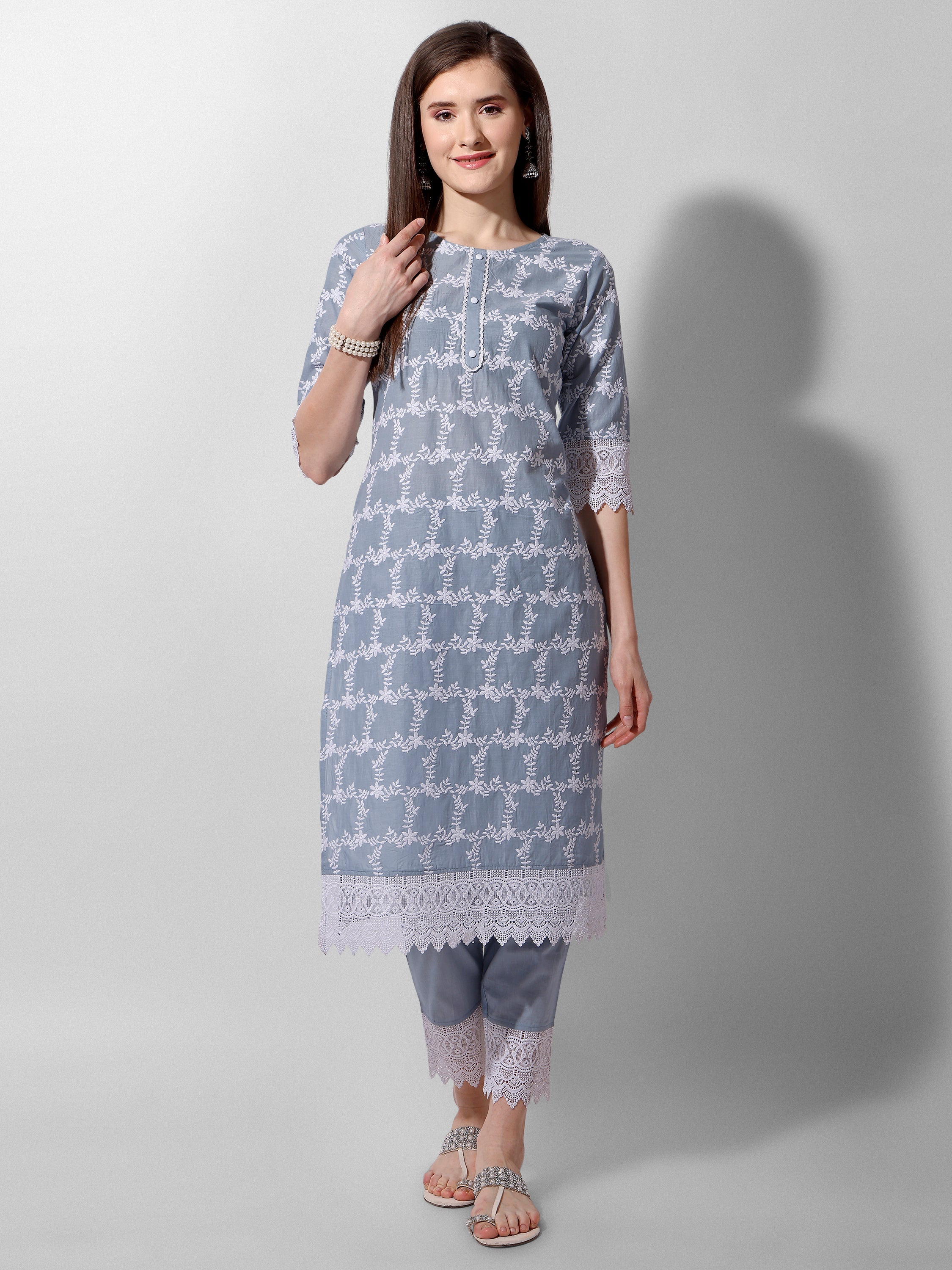 Embroidered Kurta With Pant And Dupatta Set, Multicolor - Hiral Fashion - Distacart