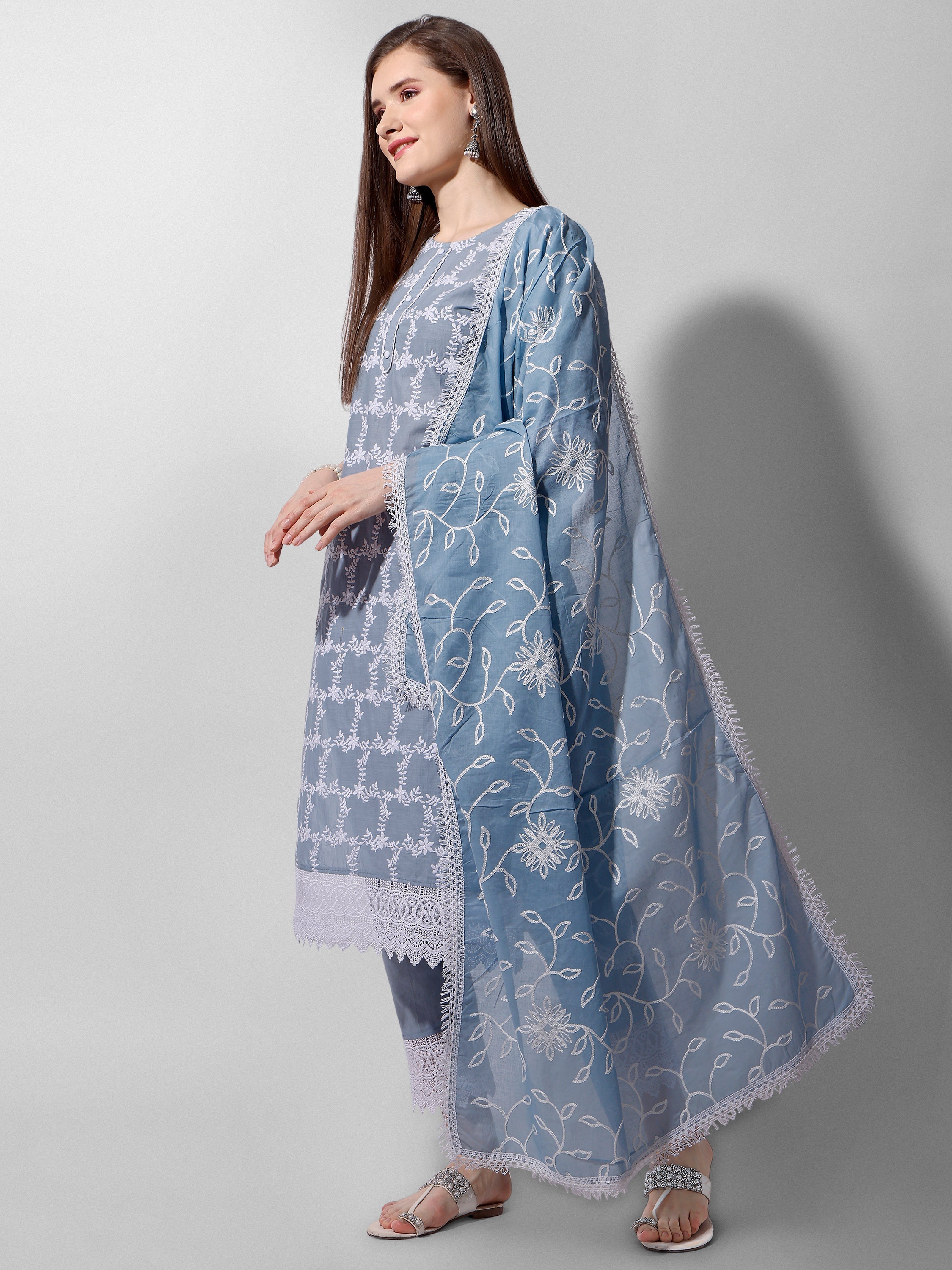 Embroidered Kurta With Pant And Dupatta Set, Multicolor - Hiral Fashion - Distacart