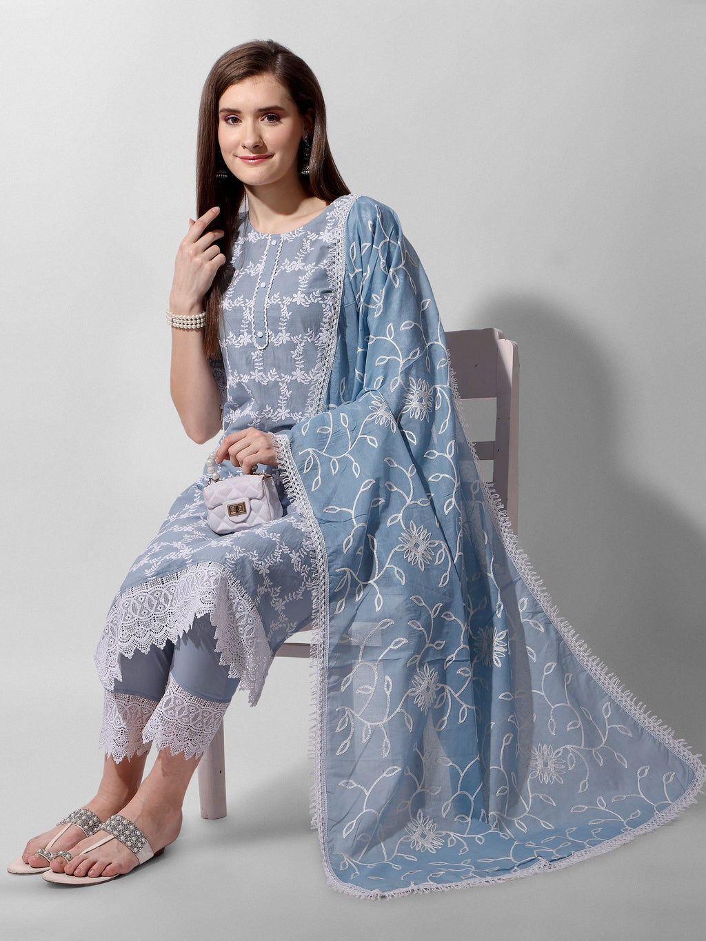 Embroidered Kurta With Pant And Dupatta Set, Multicolor - Hiral Fashion - Distacart