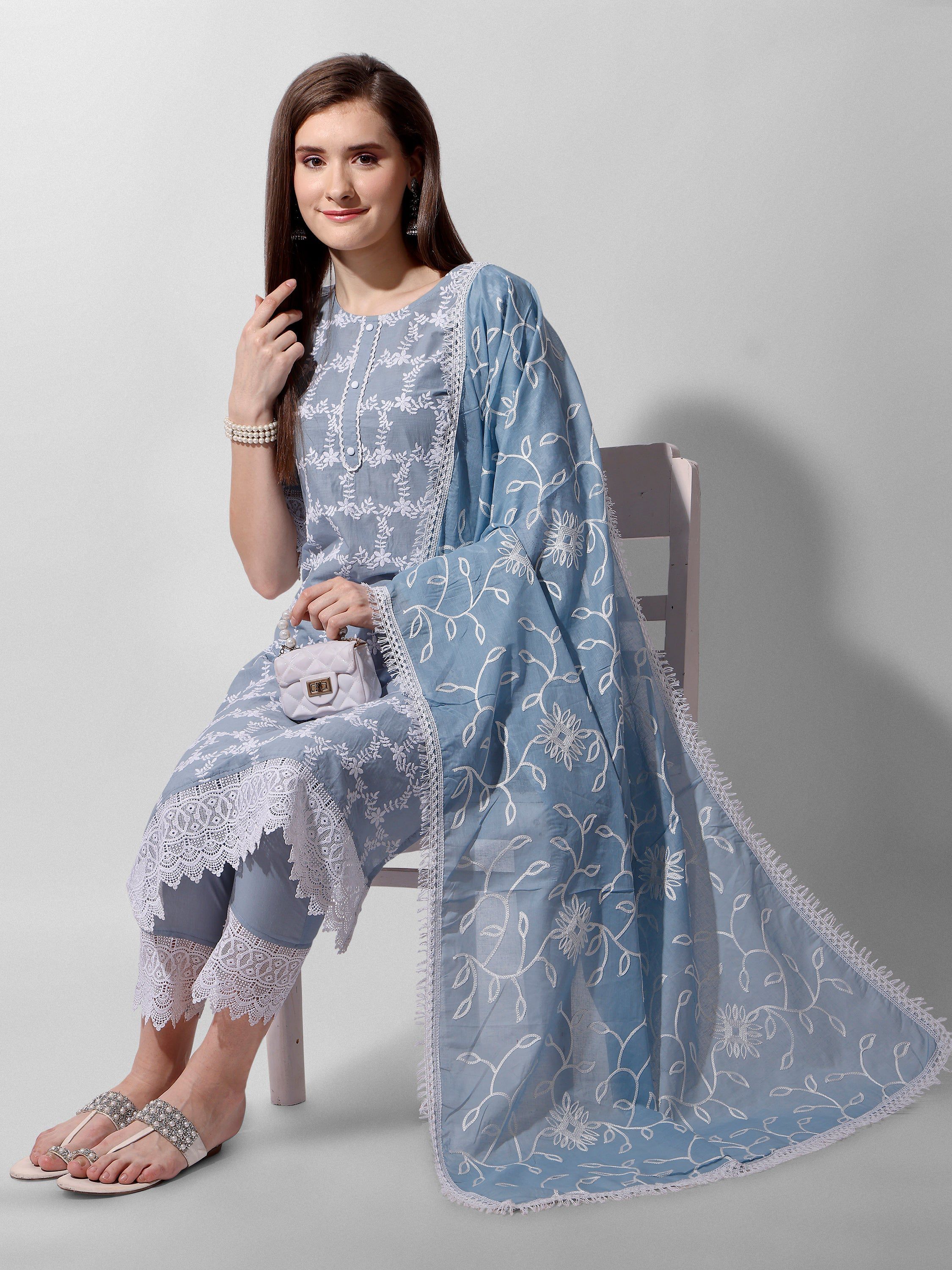 Embroidered Kurta With Pant And Dupatta Set, Multicolor - Hiral Fashion - Distacart