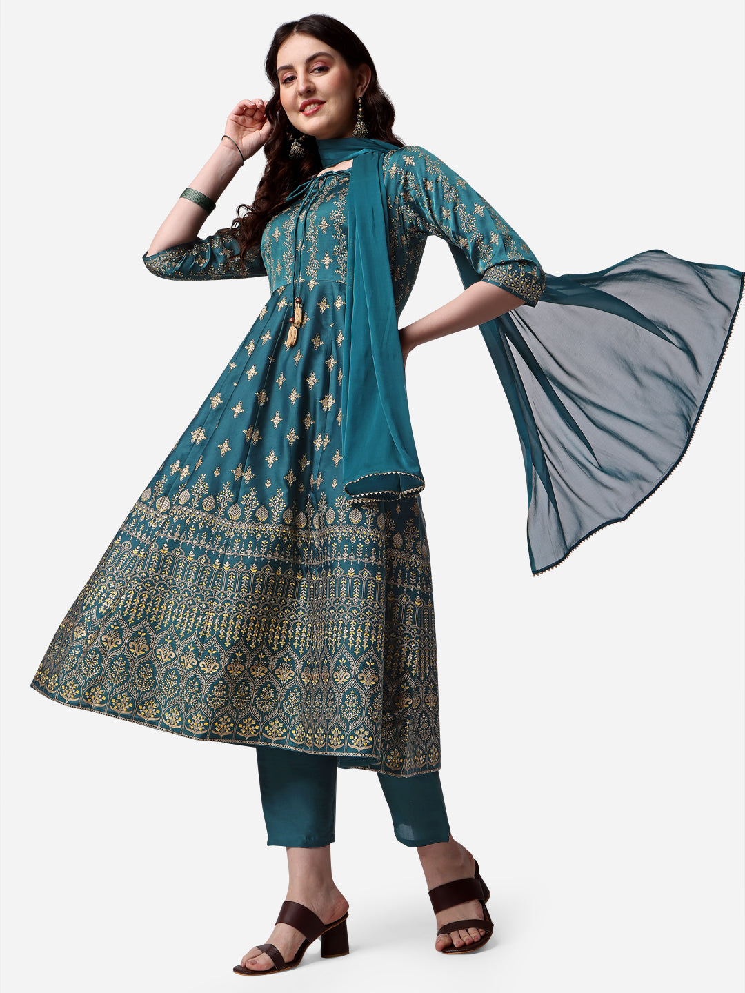 Anarkali Printed Kurta With Pant & Dupatta Set, Multicolor - Hiral Fashion - Distacart