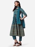 Anarkali Printed Kurta With Pant & Dupatta Set, Multicolor - Hiral Fashion - Distacart