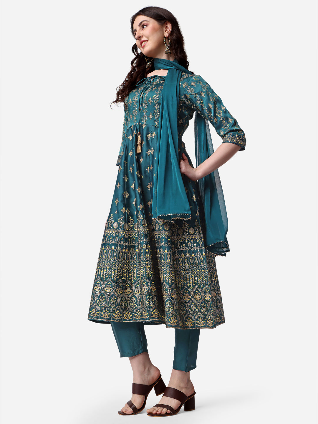 Anarkali Printed Kurta With Pant & Dupatta Set, Multicolor - Hiral Fashion - Distacart