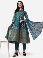 Anarkali Printed Kurta With Pant & Dupatta Set, Multicolor - Hiral Fashion - Distacart