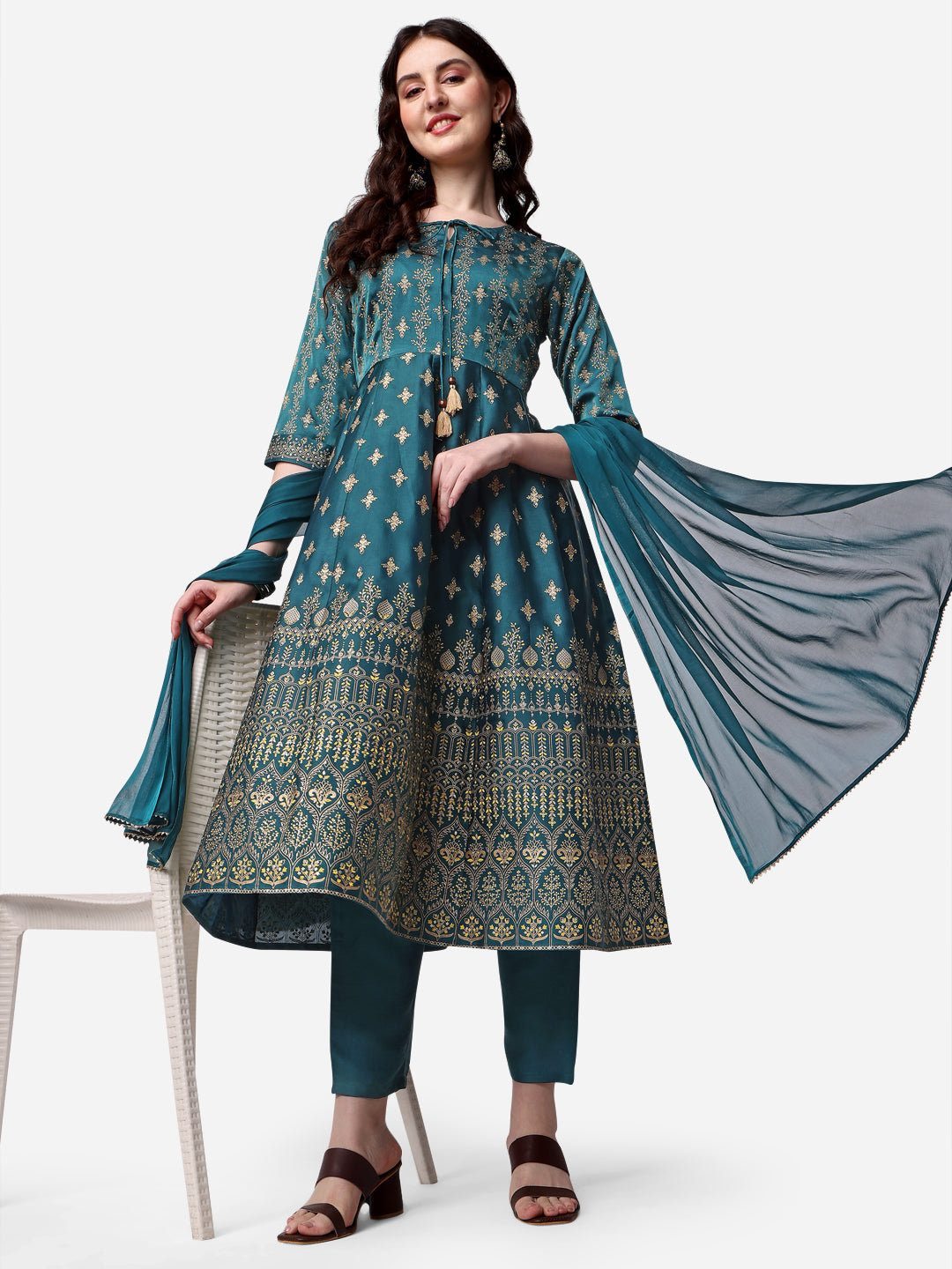 Anarkali Printed Kurta With Pant & Dupatta Set, Multicolor - Hiral Fashion - Distacart