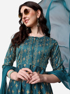 Anarkali Printed Kurta With Pant & Dupatta Set, Multicolor - Hiral Fashion - Distacart