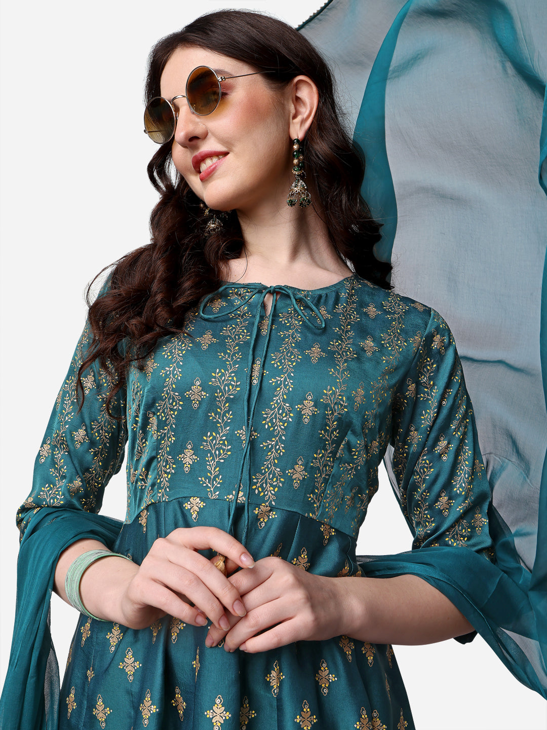 Anarkali Printed Kurta With Pant & Dupatta Set, Multicolor - Hiral Fashion - Distacart