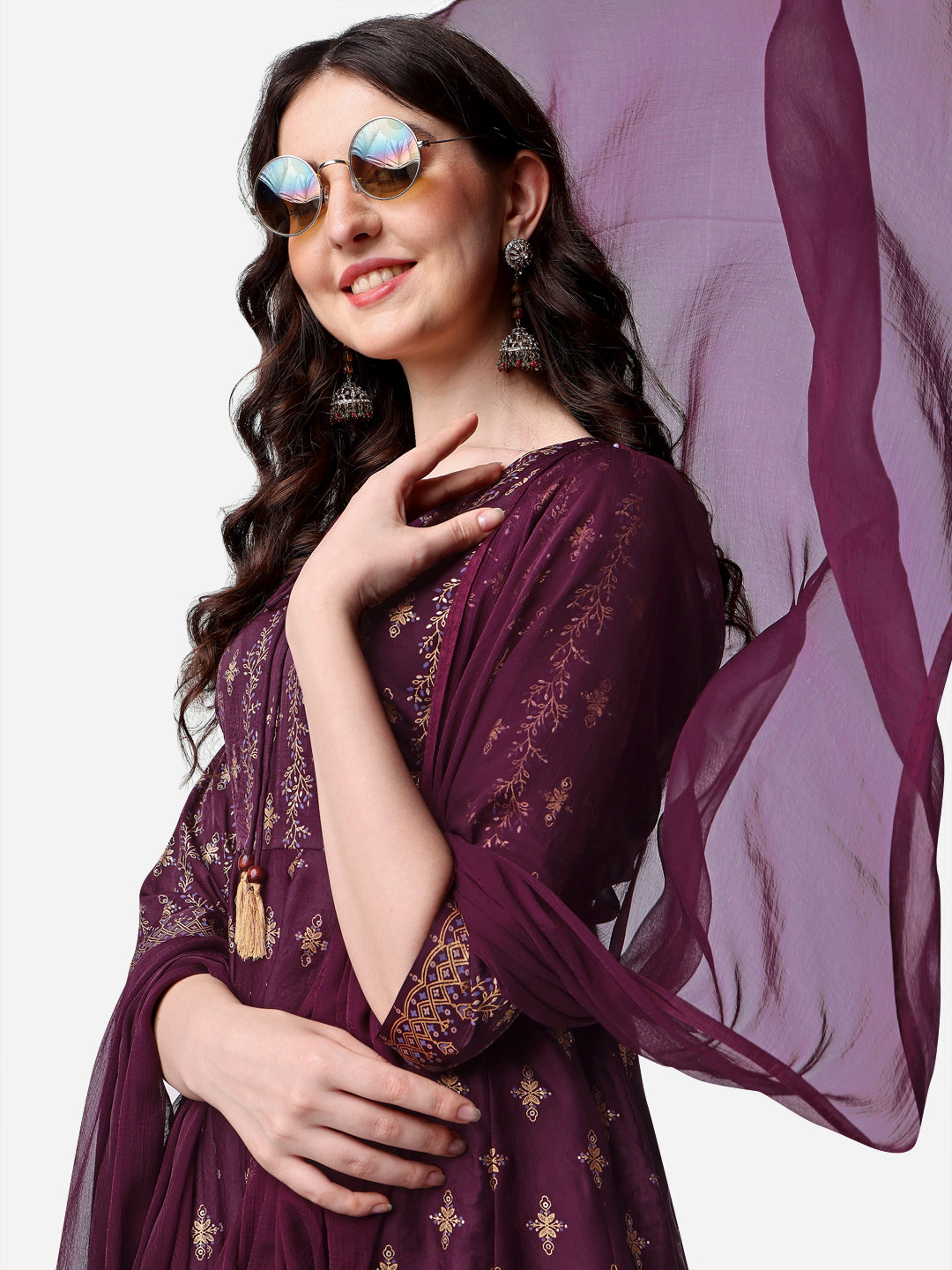Anarkali Printed Kurta With Pant & Dupatta Set, Multicolor - Hiral Fashion - Distacart