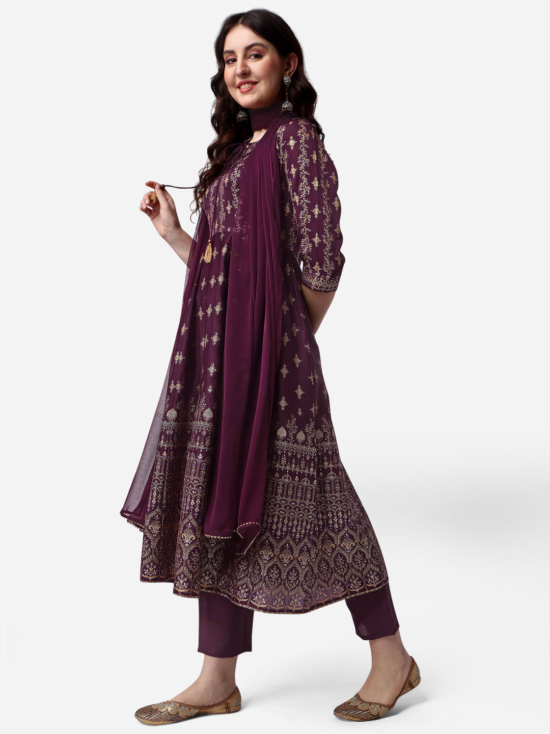 Anarkali Printed Kurta With Pant & Dupatta Set, Multicolor - Hiral Fashion - Distacart