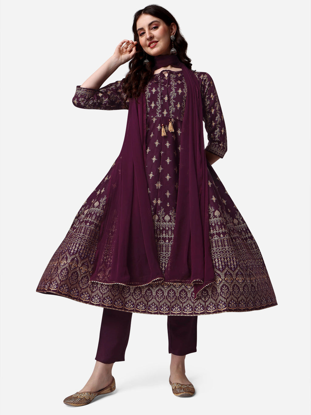 Anarkali Printed Kurta With Pant & Dupatta Set, Multicolor - Hiral Fashion - Distacart