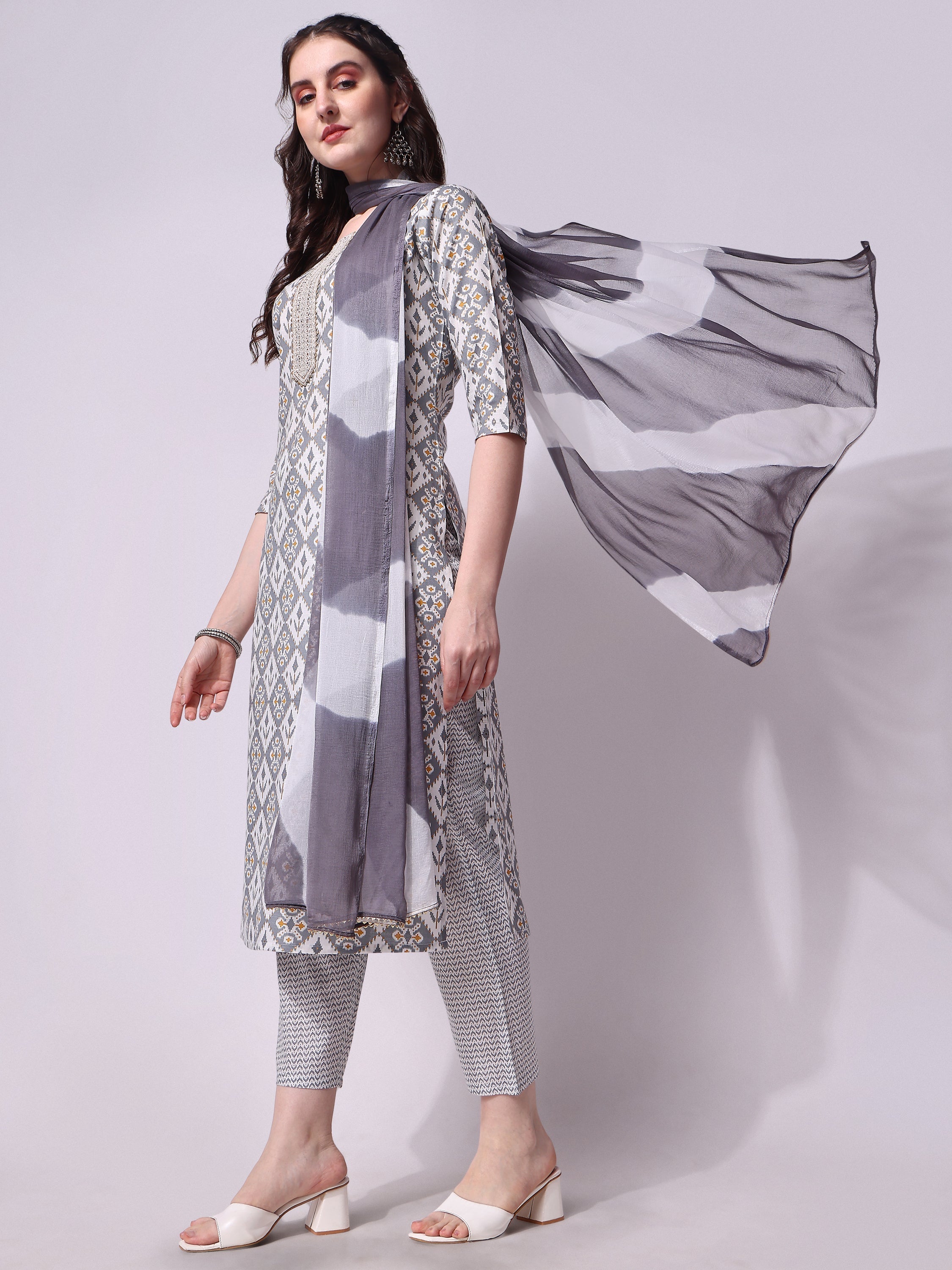 Printed Kurta With Pant & Printed Dupatta Set, Multicolor - Hiral Fashion - Distacart