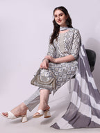 Printed Kurta With Pant & Printed Dupatta Set, Multicolor - Hiral Fashion - Distacart