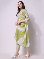 Cotton Green Printed Kurta With Pant & Dupatta Set, Multicolor - Hiral Fashion - Distacart