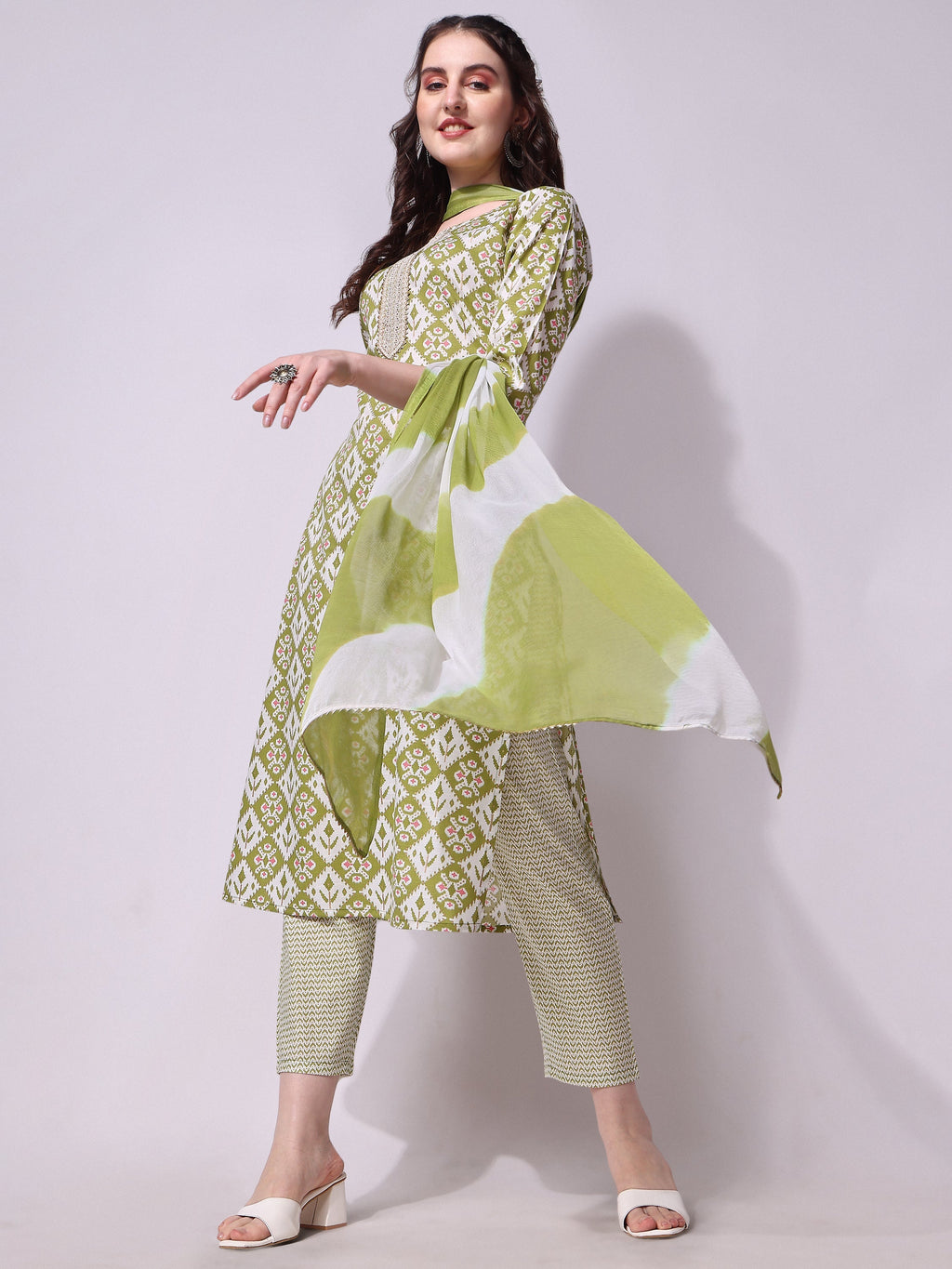 Cotton Green Printed Kurta With Pant & Dupatta Set, Multicolor - Hiral Fashion - Distacart