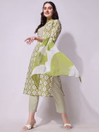 Cotton Green Printed Kurta With Pant & Dupatta Set, Multicolor - Hiral Fashion - Distacart