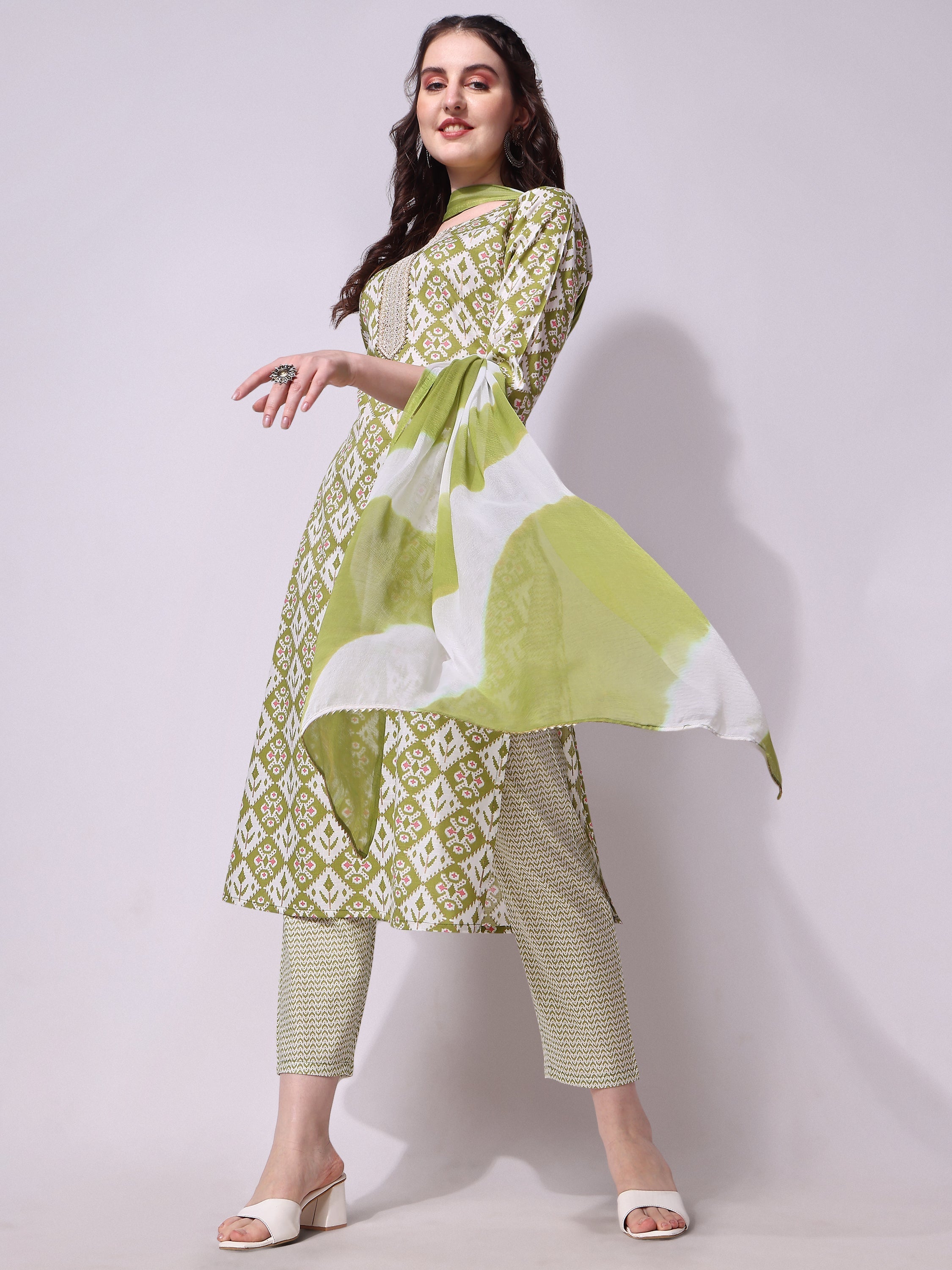 Cotton Green Printed Kurta With Pant & Dupatta Set, Multicolor - Hiral Fashion - Distacart