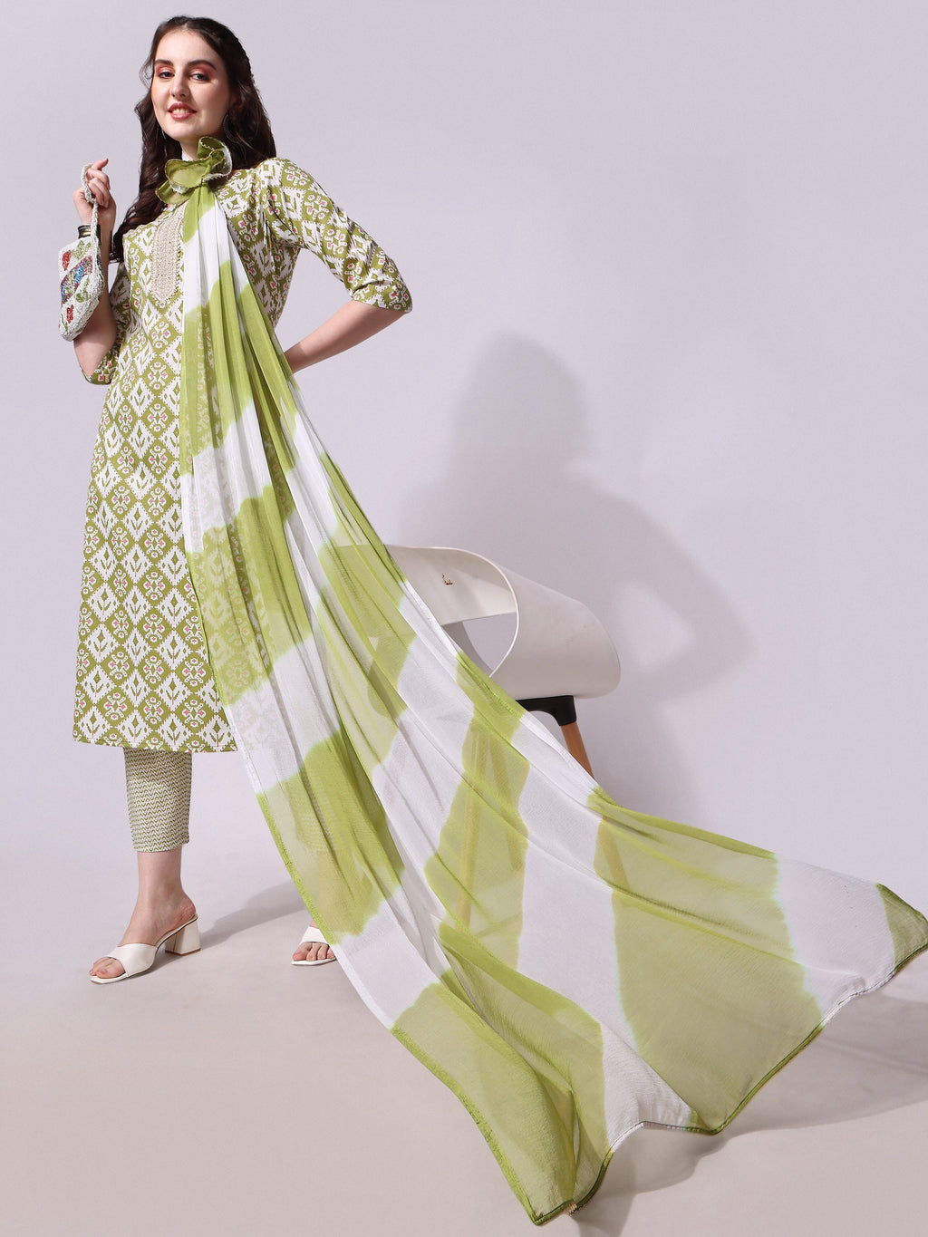 Cotton Green Printed Kurta With Pant & Dupatta Set, Multicolor - Hiral Fashion - Distacart