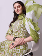 Cotton Green Printed Kurta With Pant & Dupatta Set, Multicolor - Hiral Fashion - Distacart