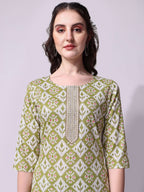 Cotton Green Printed Kurta With Pant & Dupatta Set, Multicolor - Hiral Fashion - Distacart