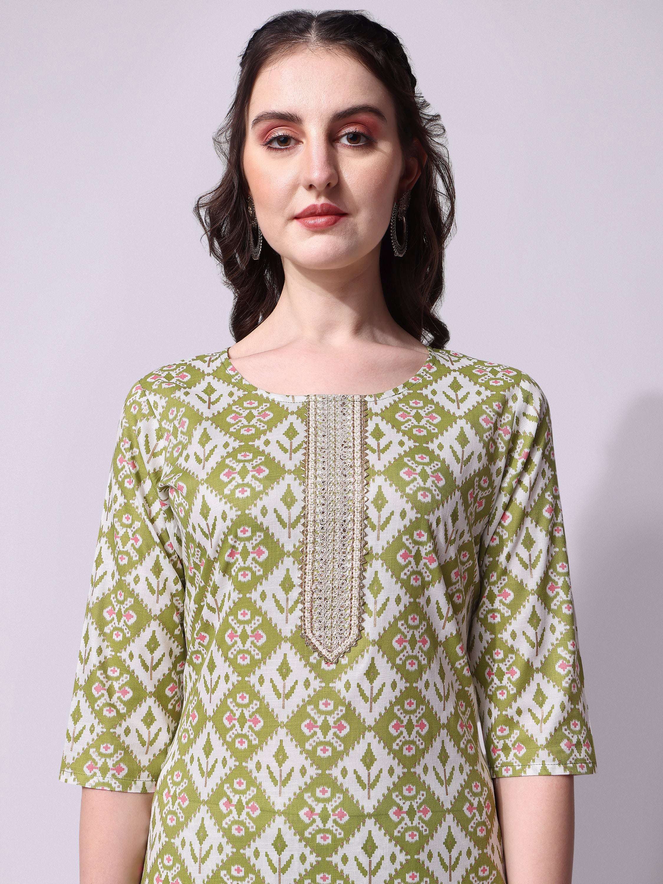 Cotton Green Printed Kurta With Pant & Dupatta Set, Multicolor - Hiral Fashion - Distacart