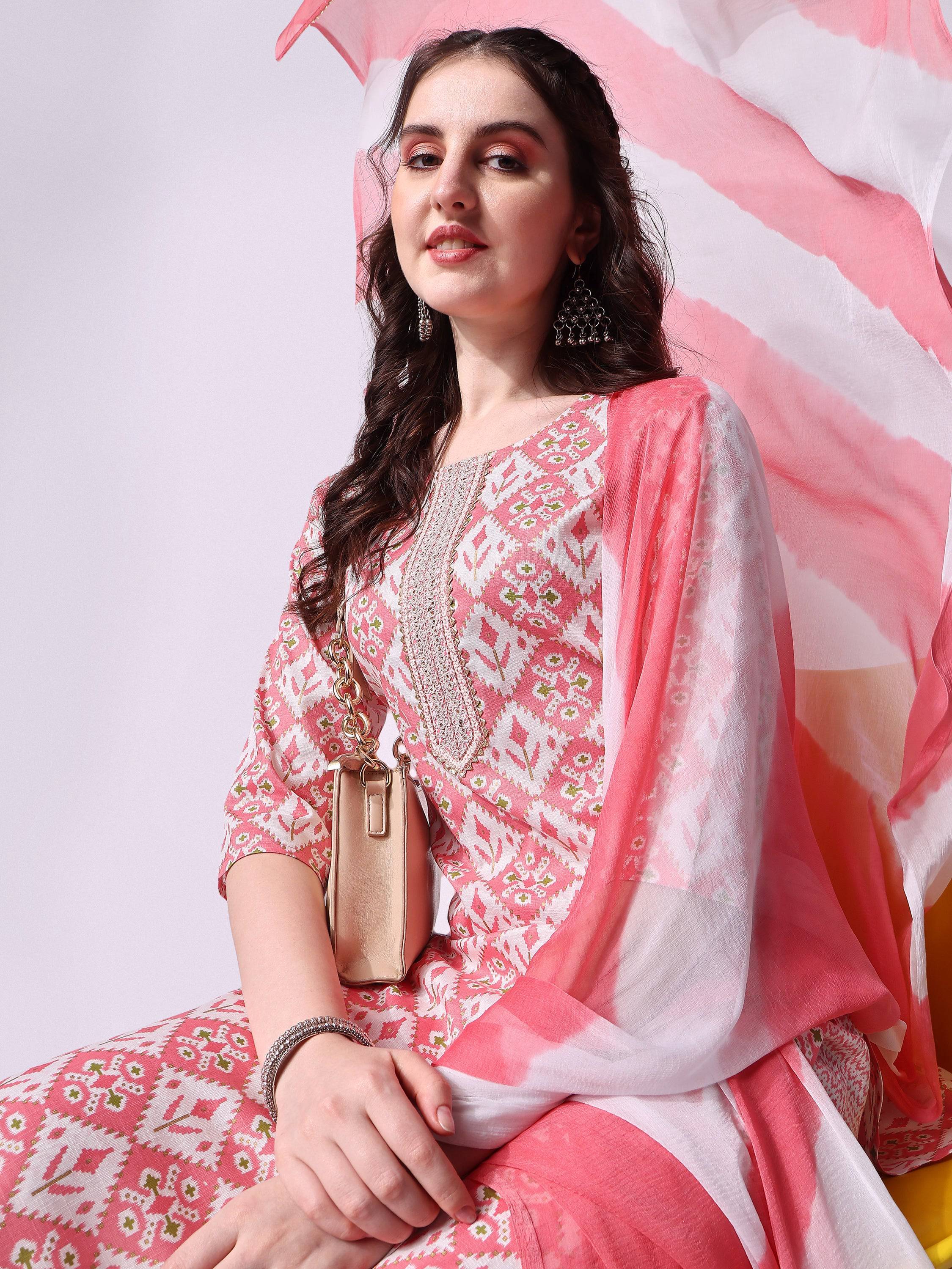 Printed Kurta With Pant & Printed Dupatta Set, Multicolor - Hiral Fashion - Distacart