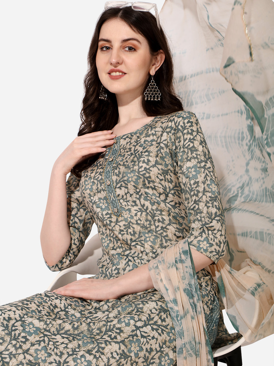 Floral Printed Kurta With Pant And Dupatta Set, Multicolor - Hiral Fashion - Distacart