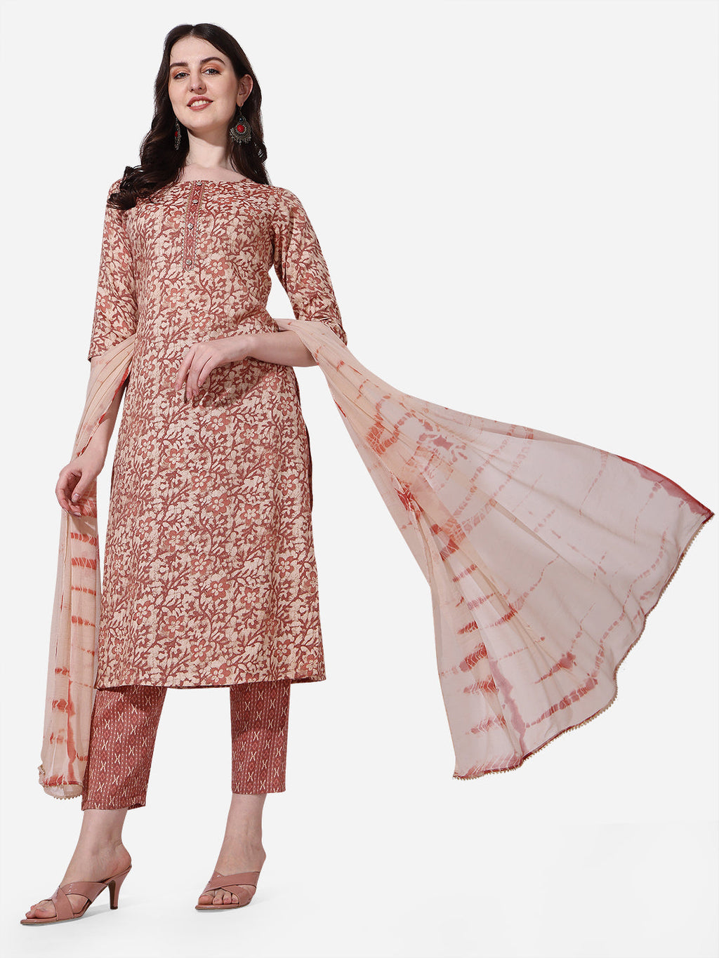 Floral Printed Rust Kurta With Pant And Dupatta Set, Multicolor - Hiral Fashion - Distacart