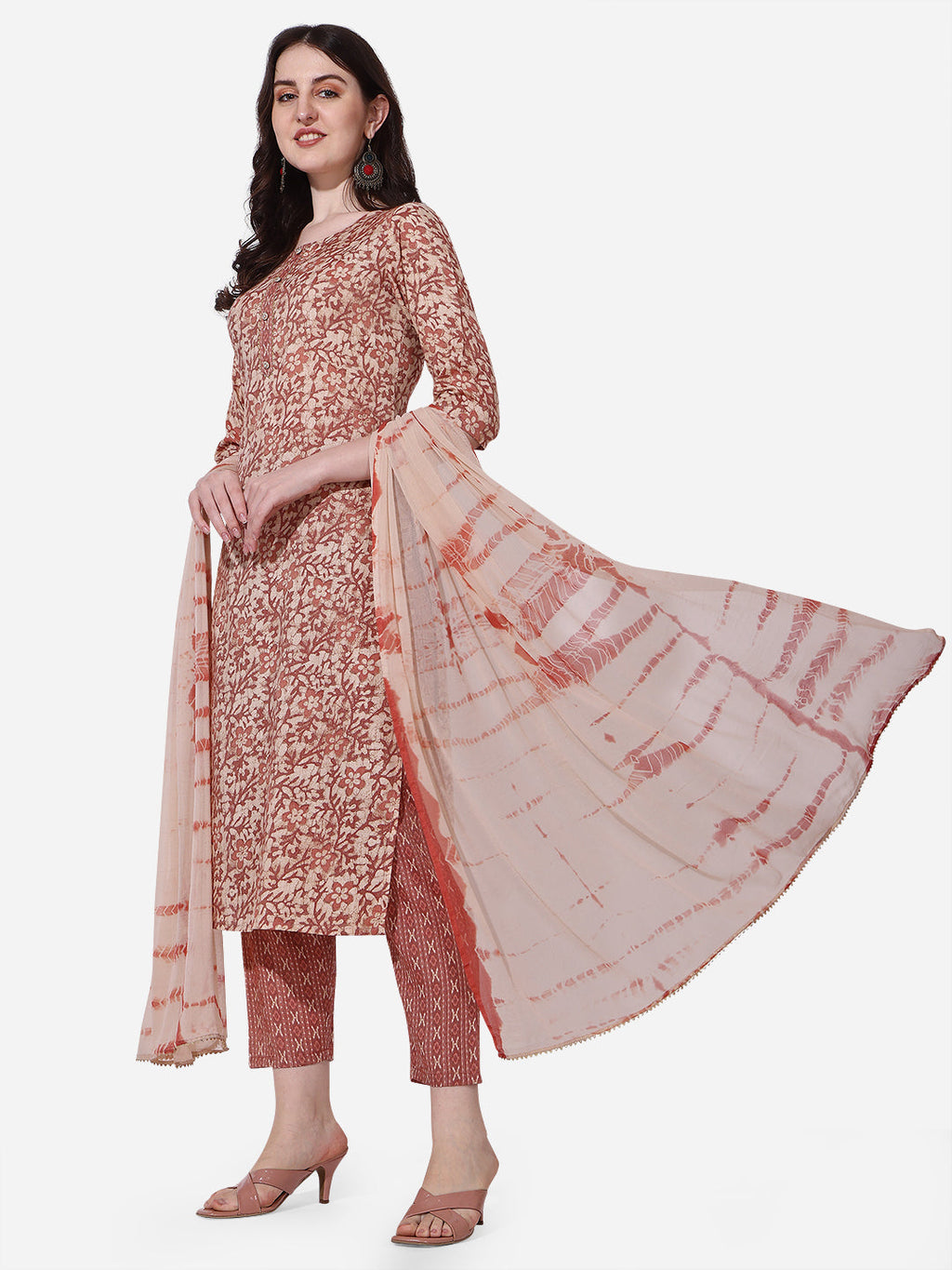 Floral Printed Rust Kurta With Pant And Dupatta Set, Multicolor - Hiral Fashion - Distacart