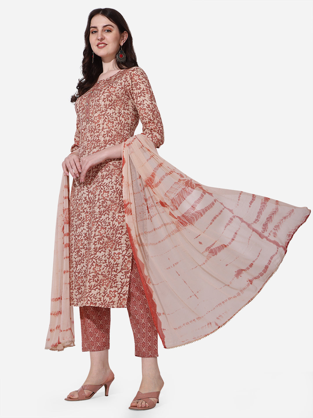 Floral Printed Rust Kurta With Pant And Dupatta Set, Multicolor - Hiral Fashion - Distacart