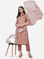 Floral Printed Rust Kurta With Pant And Dupatta Set, Multicolor - Hiral Fashion - Distacart