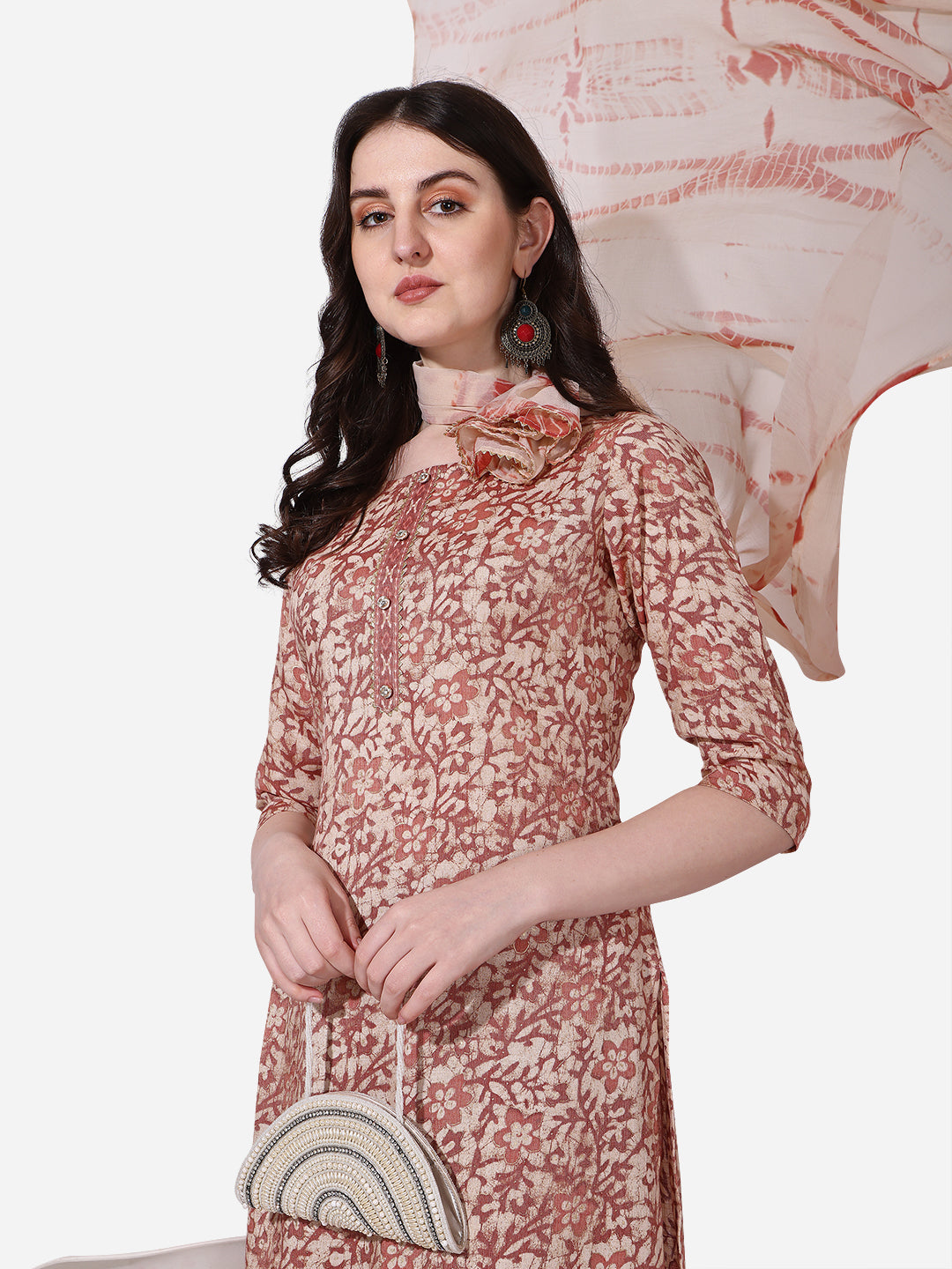 Floral Printed Rust Kurta With Pant And Dupatta Set, Multicolor - Hiral Fashion - Distacart