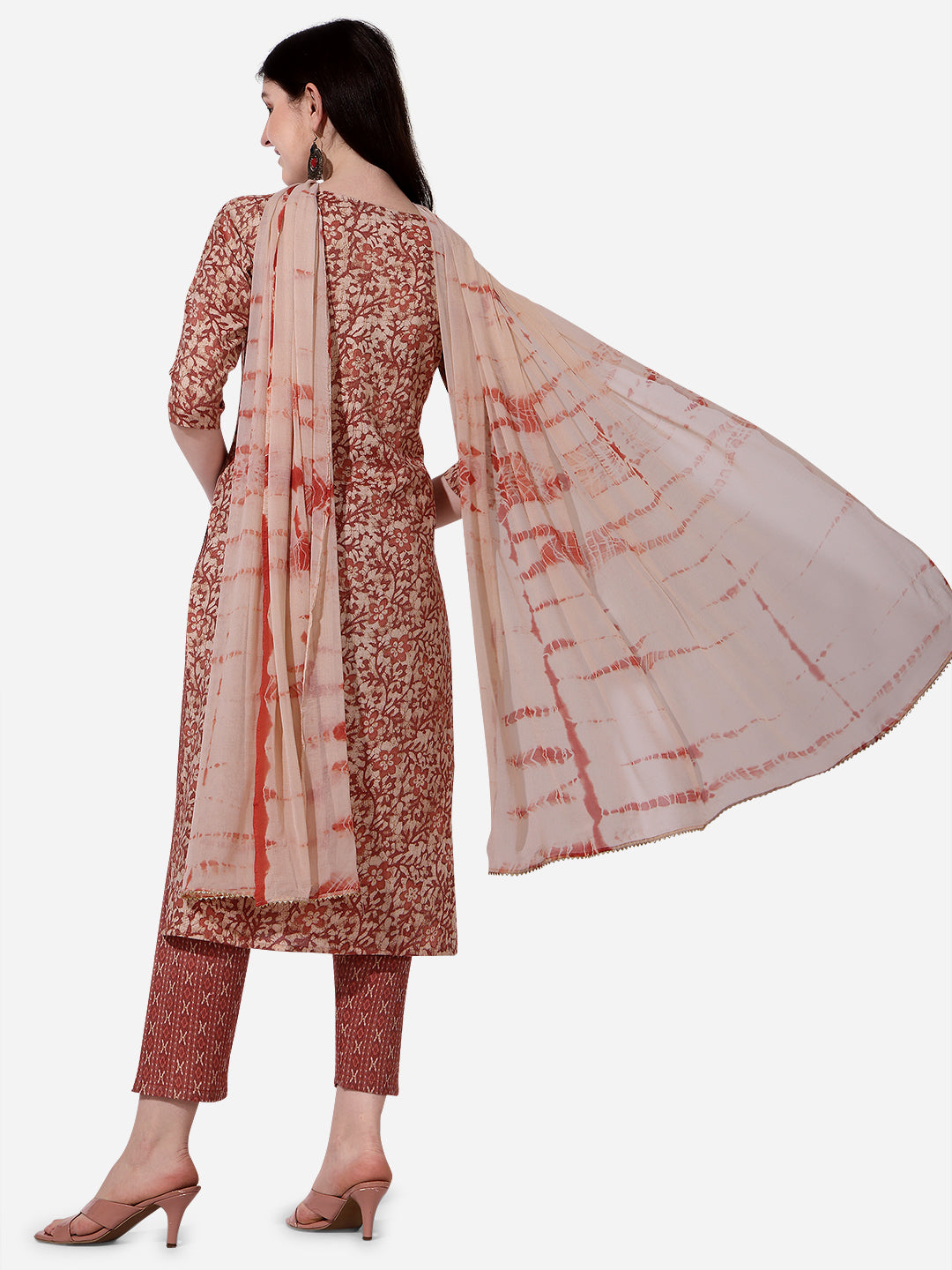 Floral Printed Rust Kurta With Pant And Dupatta Set, Multicolor - Hiral Fashion - Distacart