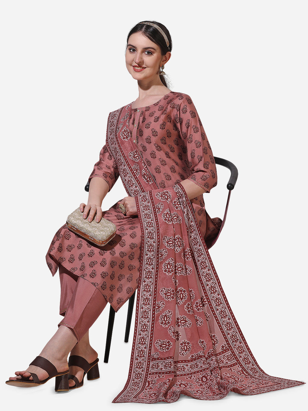 Floral Printed Rust Kurta With Pant And Dupatta Set, Multicolor - Hiral Fashion - Distacart