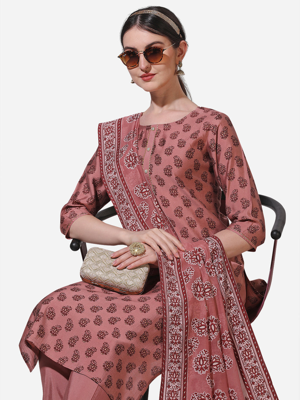 Floral Printed Rust Kurta With Pant And Dupatta Set, Multicolor - Hiral Fashion - Distacart