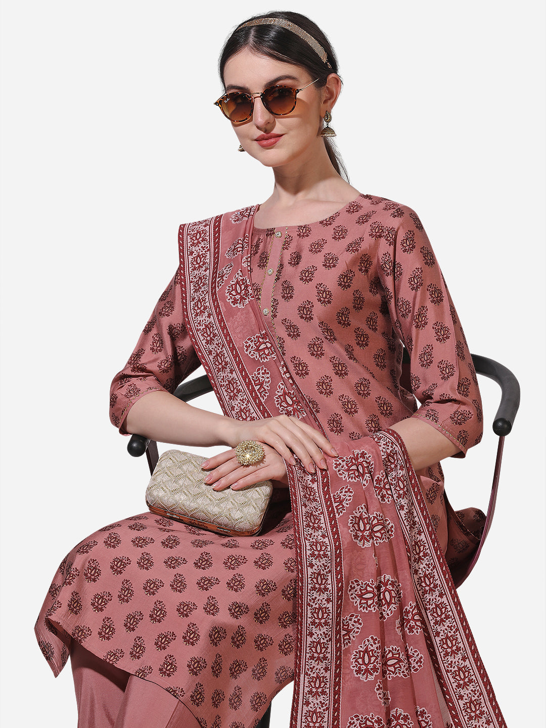 Floral Printed Rust Kurta With Pant And Dupatta Set, Multicolor - Hiral Fashion - Distacart