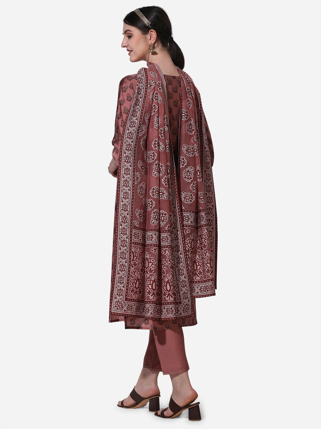 Floral Printed Rust Kurta With Pant And Dupatta Set, Multicolor - Hiral Fashion - Distacart