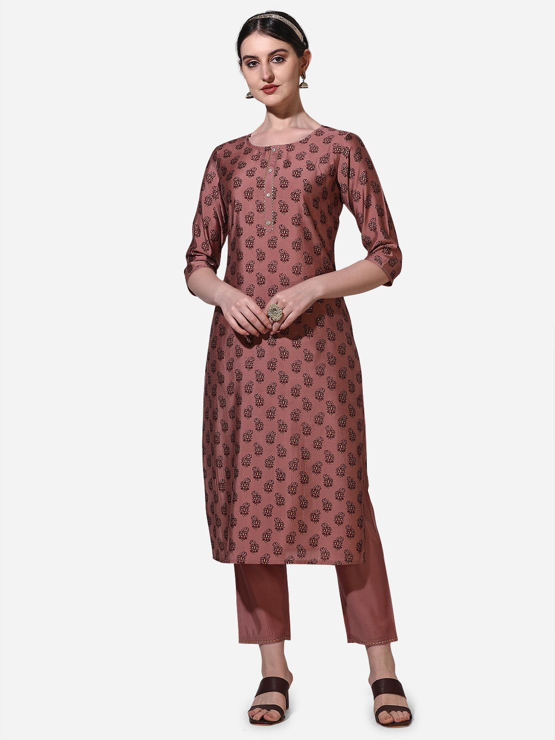 Floral Printed Rust Kurta With Pant And Dupatta Set, Multicolor - Hiral Fashion - Distacart