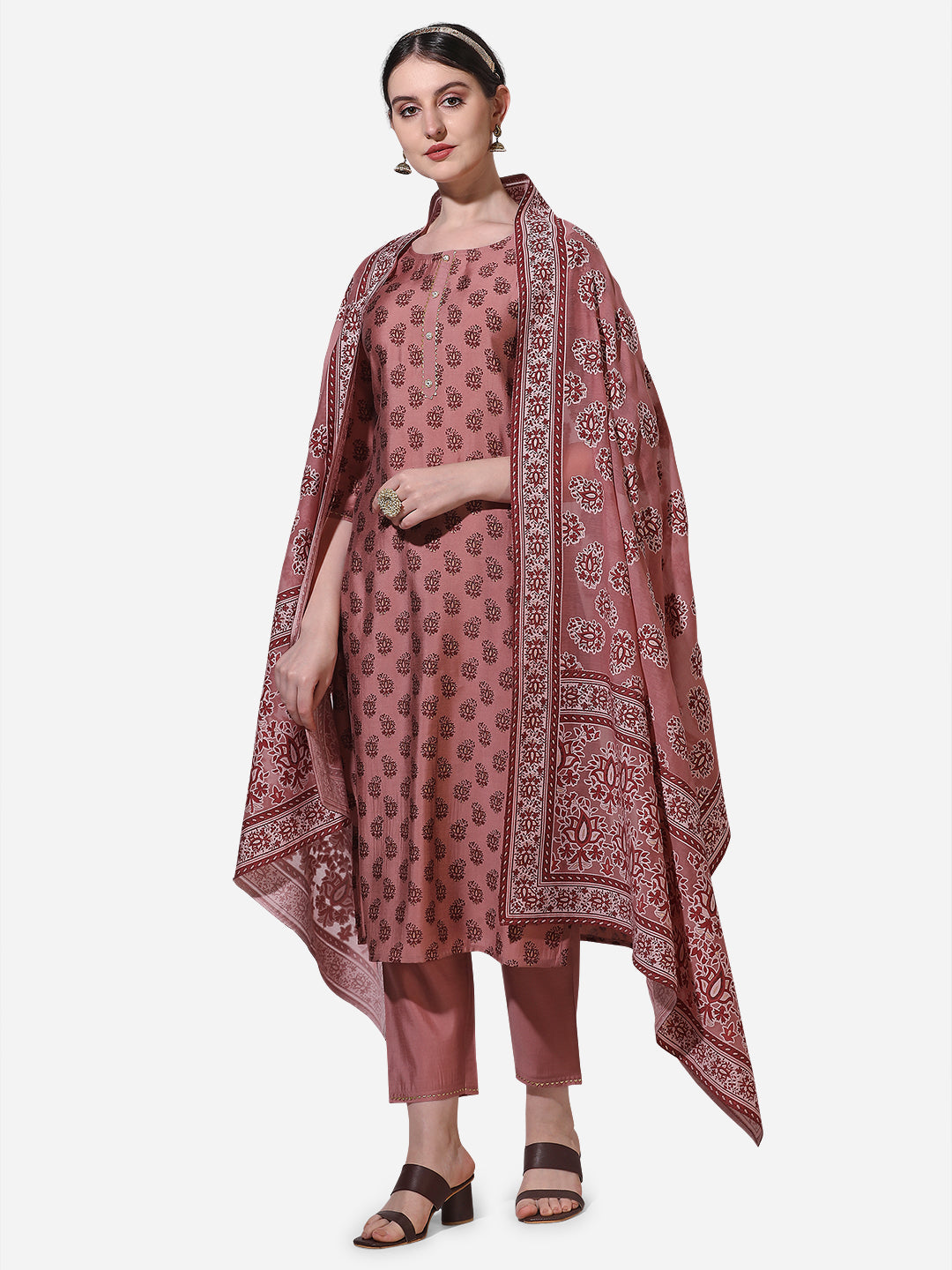 Floral Printed Rust Kurta With Pant And Dupatta Set, Multicolor - Hiral Fashion - Distacart