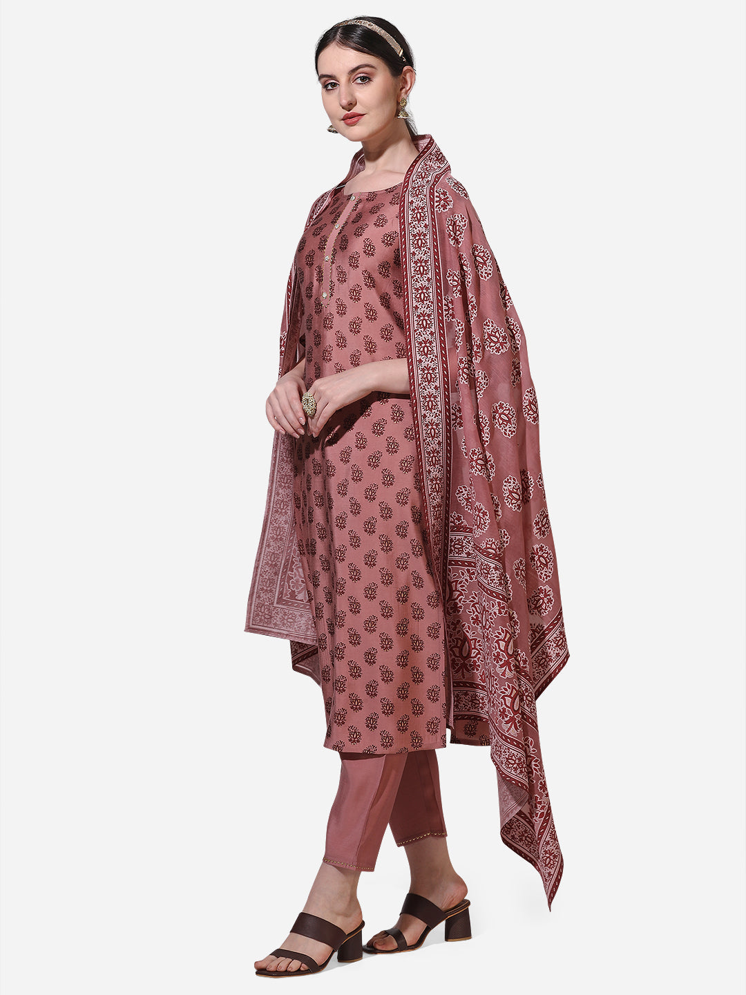 Floral Printed Rust Kurta With Pant And Dupatta Set, Multicolor - Hiral Fashion - Distacart