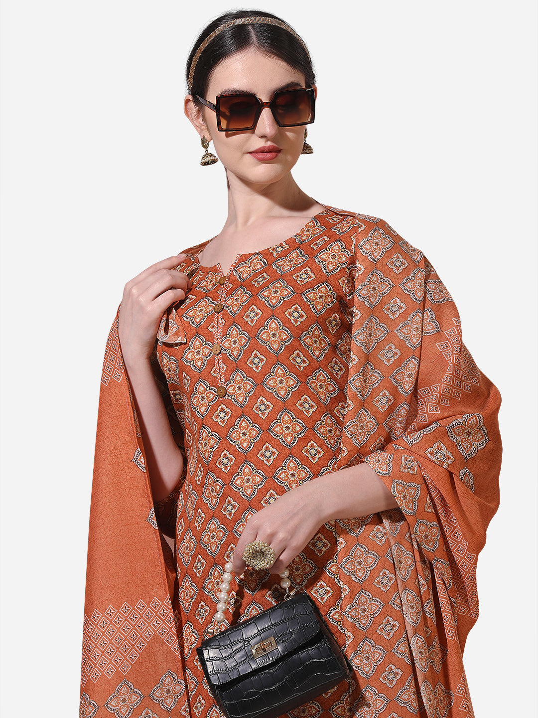 Floral Printed Rust Kurta With Pant And Dupatta Set, Multicolor - Hiral Fashion - Distacart