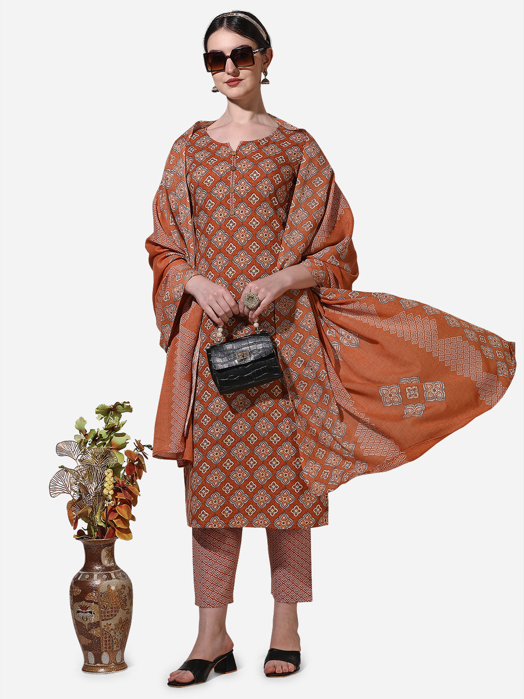 Floral Printed Rust Kurta With Pant And Dupatta Set, Multicolor - Hiral Fashion - Distacart