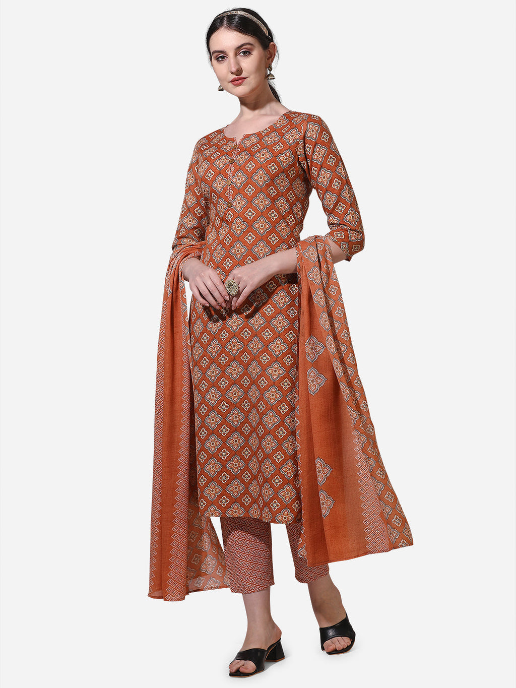 Floral Printed Rust Kurta With Pant And Dupatta Set, Multicolor - Hiral Fashion - Distacart