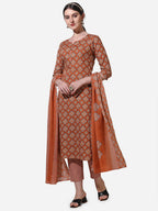 Floral Printed Rust Kurta With Pant And Dupatta Set, Multicolor - Hiral Fashion - Distacart