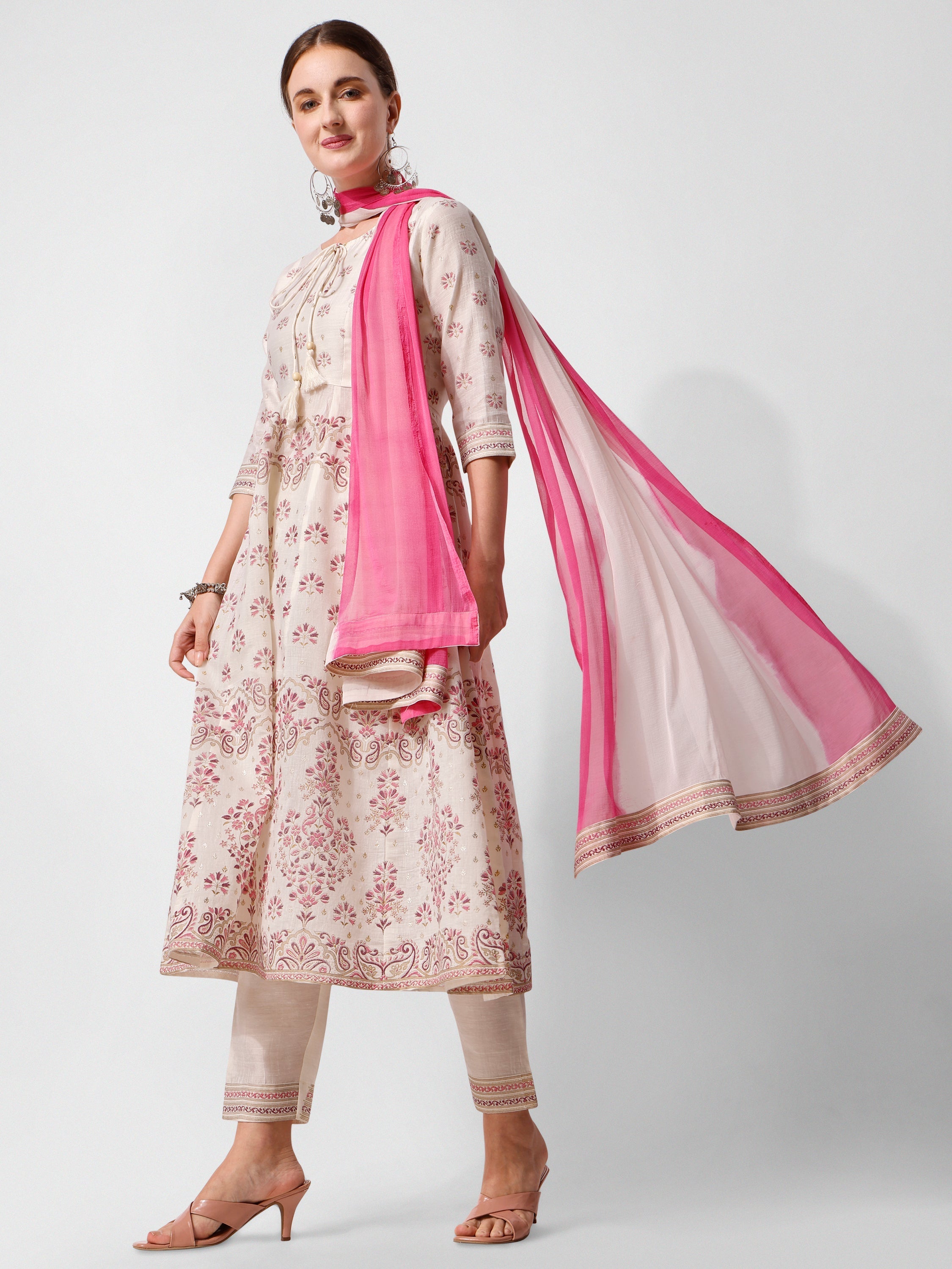 Anarkali Printed Kurta Suit With Pant And Dupatta Set, Multicolor - Hiral Fashion - Distacart