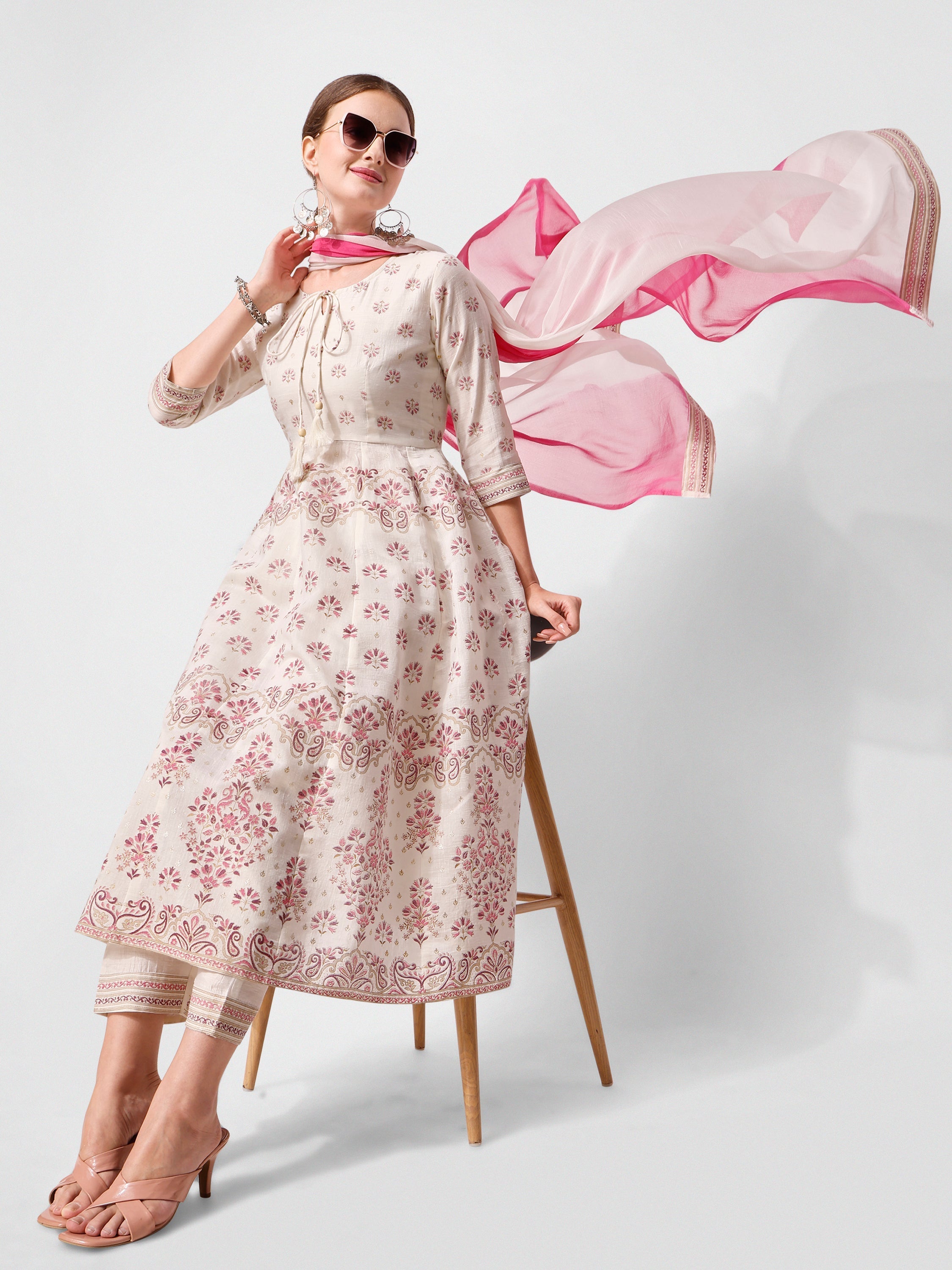 Anarkali Printed Kurta Suit With Pant And Dupatta Set, Multicolor - Hiral Fashion - Distacart