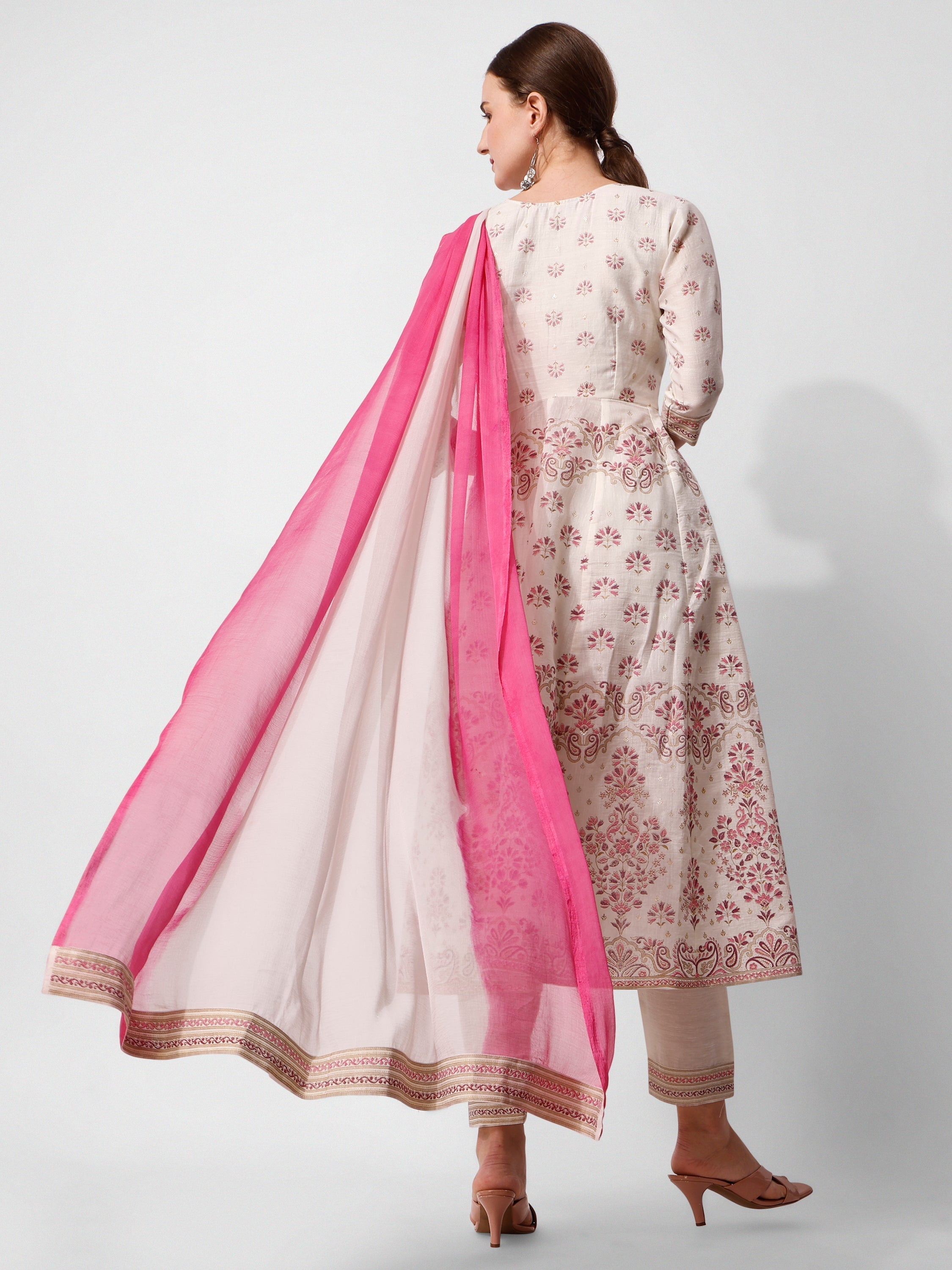 Anarkali Printed Kurta Suit With Pant And Dupatta Set, Multicolor - Hiral Fashion - Distacart