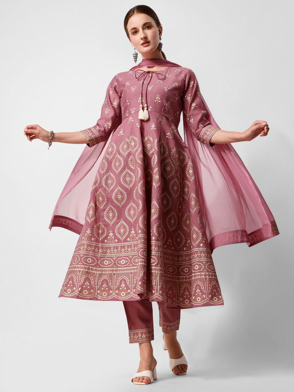 Anarkali Printed Kurta Suit With Pant And Dupatta Set, Multicolor - Hiral Fashion - Distacart