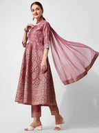 Anarkali Printed Kurta Suit With Pant And Dupatta Set, Multicolor - Hiral Fashion - Distacart