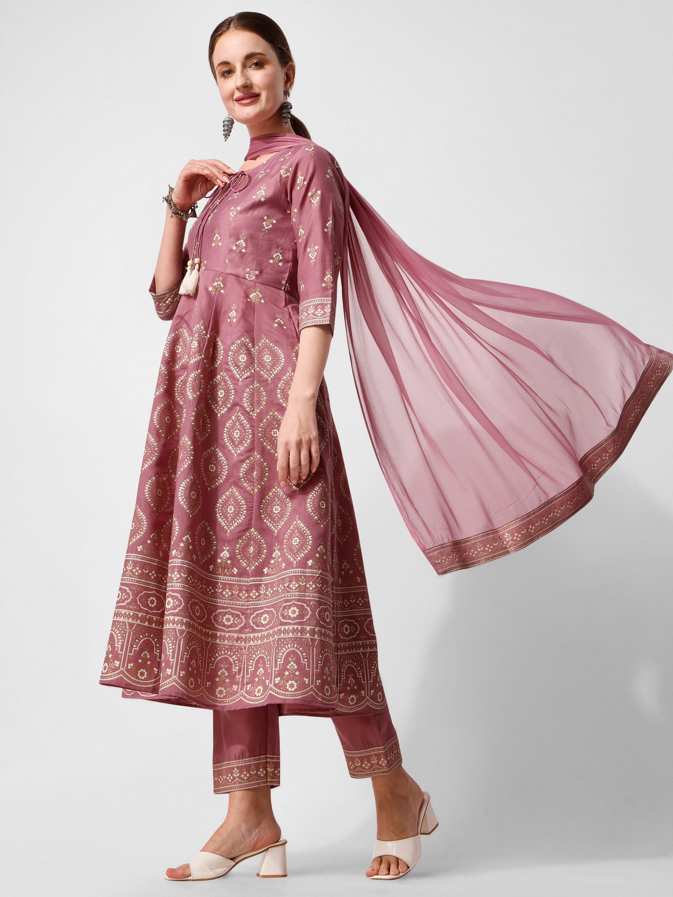 Anarkali Printed Kurta Suit With Pant And Dupatta Set, Multicolor - Hiral Fashion - Distacart